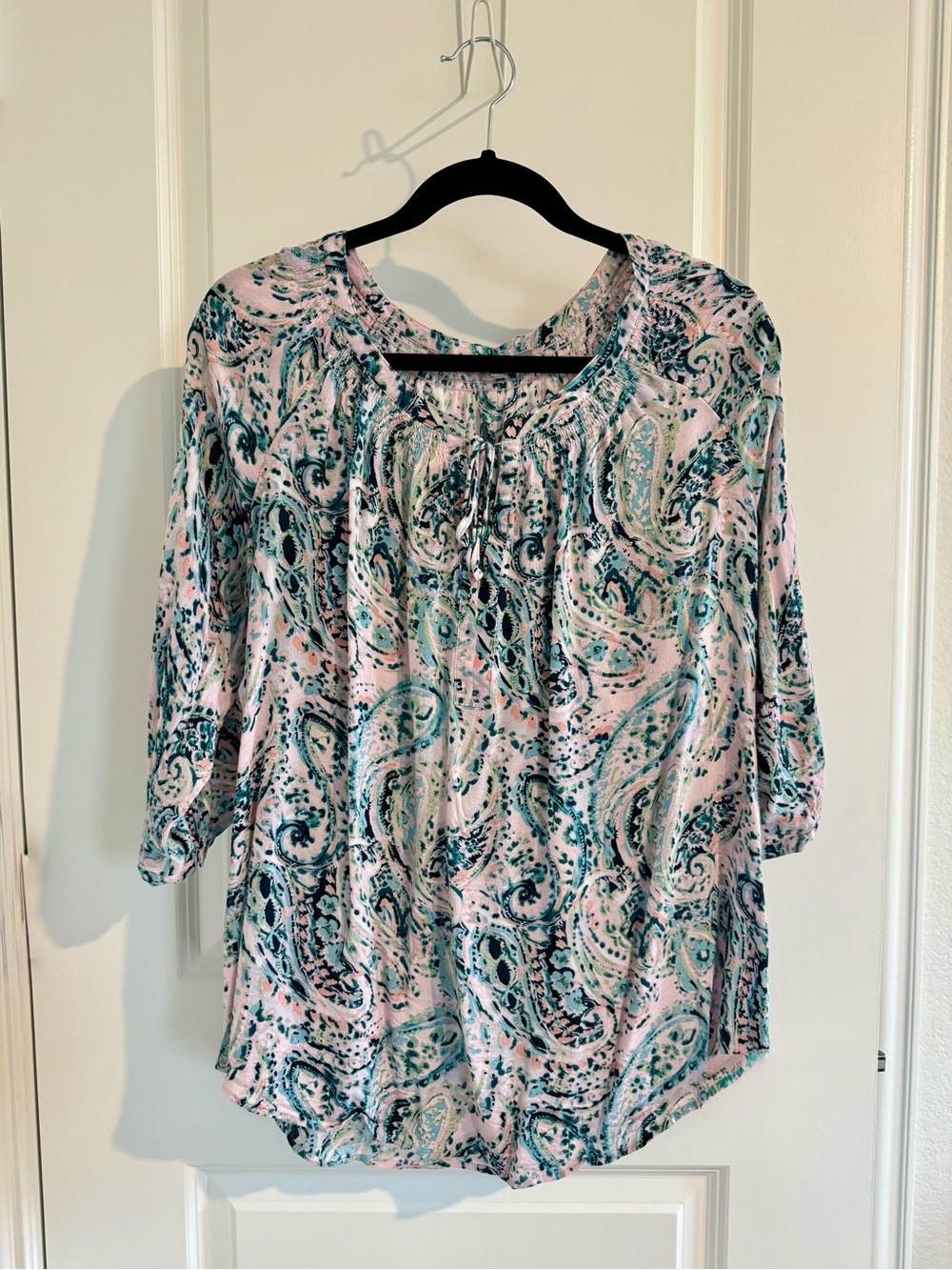 Daniel Rainn Pink & Teal Paisley Tie-Neck Tunic